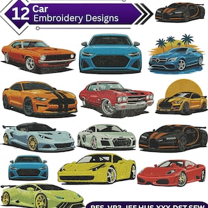 May include: A collection of 12 car embroidery designs. The designs feature various car models in different colors, including orange, blue, red, yellow, and black. The text "Car Embroidery Designs" is displayed at the top.