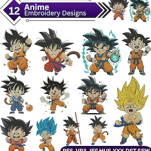Peut inclure: Douze motifs de broderie d'anime représentant un personnage dans diverses poses dynamiques. Le personnage a des cheveux noirs en pointe et porte des tenues orange et bleues. Les motifs sont étiquetés "Anime Embroidery Designs".