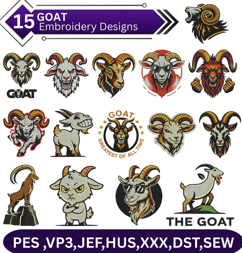 Goat Ribbons 15 GOAT Embroidery Designs Bundle, Greatest of All Time Goat Mascot ...