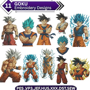 May include: A collection of eleven Goku embroidery designs. The designs feature Goku in various poses and transformations, with vibrant colors and detailed stitching. The text "GOKU Embroidery Designs" is displayed at the top. The bottom of the image shows the file formats: PES, VP3, JEF, HUS, XXX, DST, SEW.