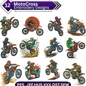 Puede incluir: Una colección de 12 diseños de bordado MotoCross. Cada diseño presenta a un piloto de motocross en una motocicleta en varias poses de acción. Los diseños son de colores vibrantes e incluyen los formatos de archivo PES, JEF, HUS, XXX, DST y SEW.
