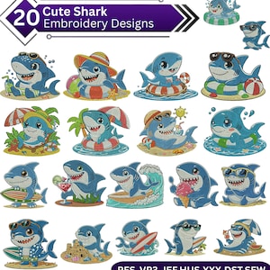 Puede incluir: Una colección de 20 diseños de bordado de tiburones adorables. Los tiburones se representan en varias escenas de verano, usando gafas de sol, sombreros y disfrutando de actividades como surfear, relajarse en la playa y comer helado. Los diseños son en azul, blanco y amarillo.