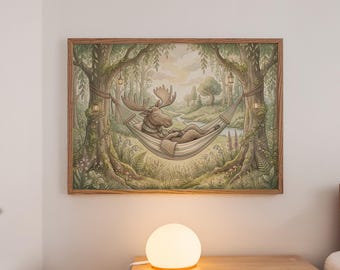 Sage Green Moose Sleeping Nursery Print, Whimsical Woodland Forest Animal Decor, Scandinavian Nature Prints for Kids Room