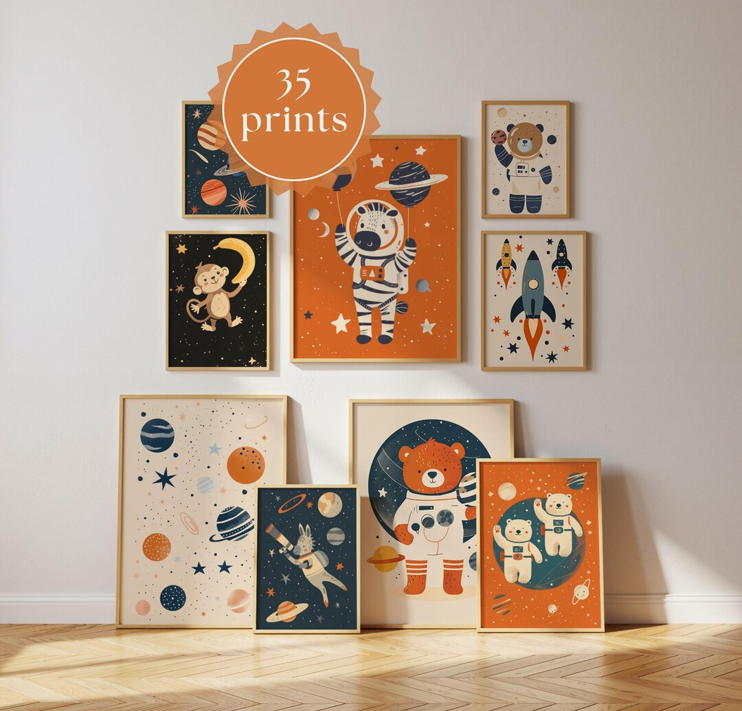 Space Nursery Wall Art Set of 35, Outer Space Animal Baby Room Decor ...