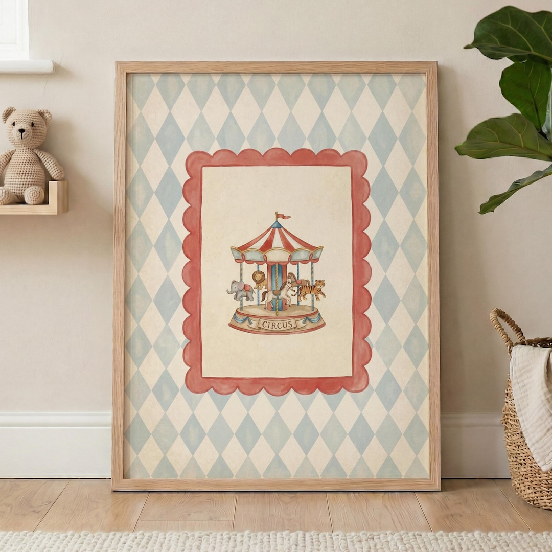 Vintage Carousel Print, Circus Nursery Wall Art, Blue Harlequin Decor ...