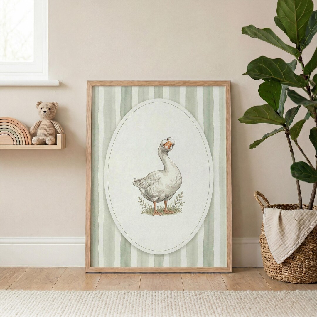 Vintage Silly Goose Wall Art, Sage Green Retro Stripes Print, Whimsical ...