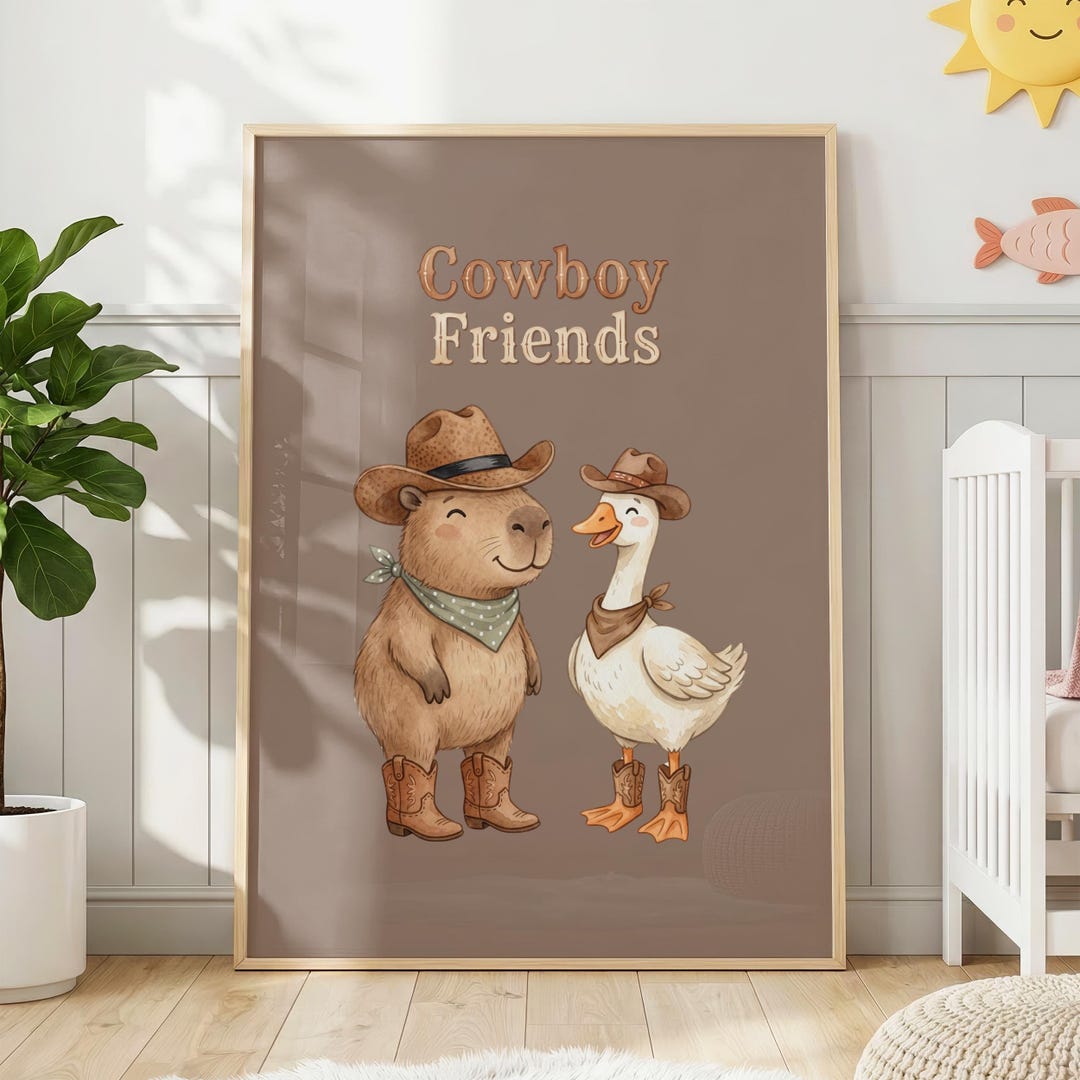 Capybara Riding Goose Capybara and Silly Goose Wall Art, Cowboy Friends Nursery Print ...
