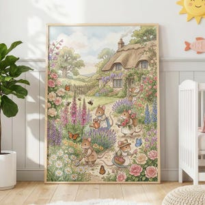 May include: A watercolor-style wall art print depicting a cottage garden scene with anthropomorphic mice engaged in gardening activities. The illustration features a thatched-roof house, blooming pink roses, purple foxgloves, and various butterflies.