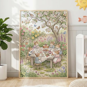 May include: A framed wall art print depicting a group of anthropomorphic mice having a tea party in a lush garden. The scene features a wooden table set with a cake, tea service, and jam, surrounded by blooming flowers, a tree, and butterflies.