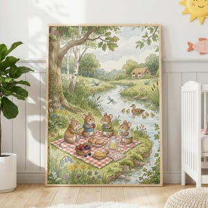 Mice Picknick Nursery Print, Woodland Whimsical Storybook Art, Cottagecore Kids Room Poster, Sage Green Forest Wall Art, Animal Illustration