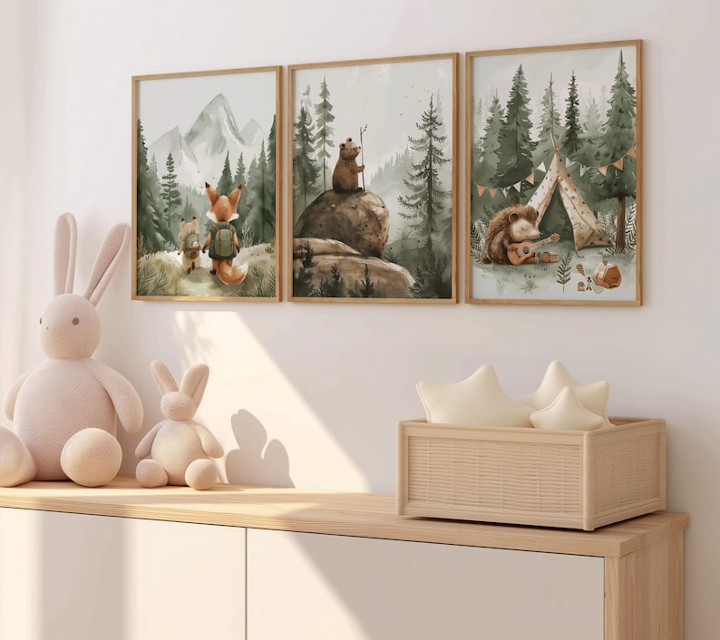 Set of 3 Woodland Camping Nursery Wall Art, Forest Animal Baby Room ...