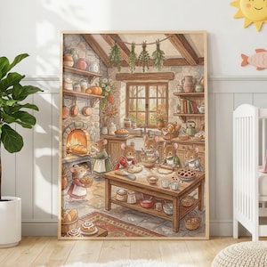 Könnte beinhalten: Ein gerahmter Wandkunstdruck, der eine gemütliche Steinküche mit sechs anthropomorphen Mäusen beim Backen von Brot und Gebäck zeigt. Die Illustration umfasst einen rustikalen Kamin, Holzregale mit Vorratsgläsern, hängende Kräuter und einen Holztisch.