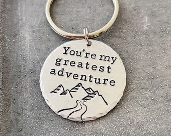 You're My Greatest Adventure Keychain, Anniversary Gifts for Him, 10 Year Tin Anniversary Key Ring, Outdoors Inspired Nature Keychain