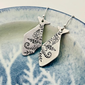 Handmade Halibut Earrings with Wildflowers, Fish Jewelry - Made to Order