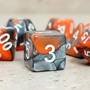 Molten Lava Orange Silver Gray DnD Dice Set | 7 Pcs Polyhedral Dice Sets | D20 Dungeons and Dragons Accessories RPG | D&D Dice Gift for DM