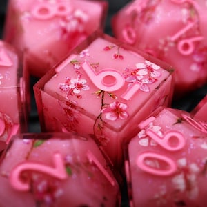 May include: A set of translucent pink polyhedral dice featuring embedded cherry blossom floral patterns and raised pink numbers. The dice have a glossy finish with subtle glitter particles throughout the resin material, showcasing clear numerical faces.