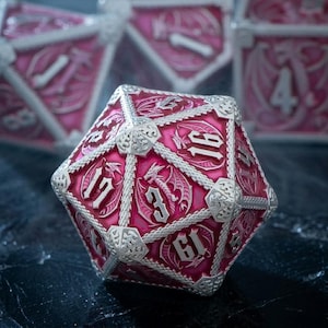 Pink Dragon Metal Dnd Dice Set | 7 Pcs Polyhedral Dice Sets | Arcana D20 Dungeons and Dragons Accessories RPG | Chain D&D Dice Gift for DM