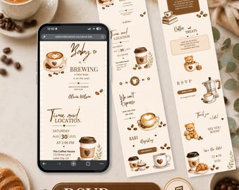 May include: A smartphone displaying a digital baby shower invitation with a coffee theme, featuring the text Baby is Brewing, alongside two printed vertical cards with matching graphics of coffee cups, teddy bears, and event details.