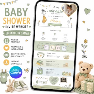 Może przedstawiać: Projekt strony internetowej z zaproszeniem na baby shower na ekranie smartfona. Projekt zawiera licznik czasu, loterię pieluch i szczegóły dotyczące rejestru prezentów. Tekst zawiera "Baby Shower Invite Website" i "Editable in Canva."
