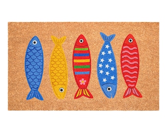 Colorful Sardines Doormat, Coastal Beach House Entry Mat, Vibrant Nautical Front Porch Decor, Bright Coastal Welcome Doormat, Beach Coir Mat