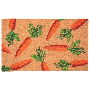 May include: A rectangular doormat with a repeating pattern of orange carrots with green leafy tops on a tan background. The carrots are of varying sizes and orientations, creating a playful and welcoming design.