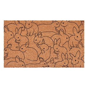 May include: A rectangular doormat with a repeating pattern of black line-drawn rabbits on a brown background. The rabbits are in various poses, creating a playful and welcoming design. The mat is made of a natural fiber material.