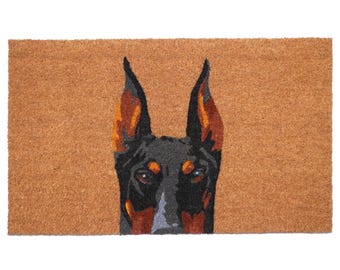 Felpudo de dóberman negro, amantes de las mascotas, raza de perro, decoración de porche, decoración de entrada, decoración de exterior