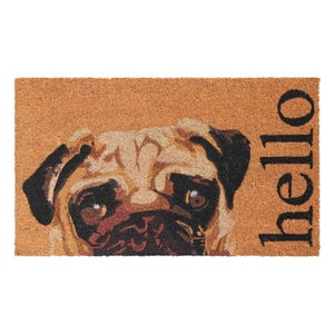 May include: A rectangular doormat featuring a close-up of a pug's face in shades of tan, brown, and black. The word "hello" is printed vertically in black on the right side. The mat is made of a natural fiber material.