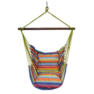 May include: A hanging chair with a colorful striped pattern. The chair has a wooden bar and is suspended by green ropes. The seat and backrest feature a vibrant mix of red, orange, yellow, blue, and green stripes, creating a cheerful aesthetic.