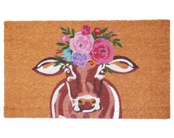 Wycieraczka Sassy Cow, Wycieraczka w krowę, Wycieraczka w uroczym stylu rustykalnym, Wycieraczka dla miłośników zwierząt, Dekoracja wejścia na werandę, Wycieraczka z włókna kokosowego