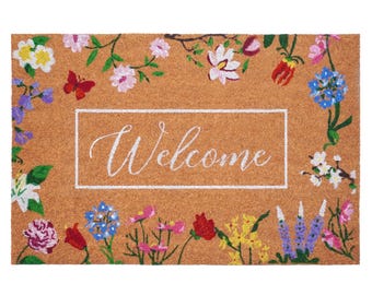 Vlindertuin welkomstdeurmat, bloemendeurmat, verandadecor, kokosdeurmat, welkomstmat, lentedecor, cadeau voor moeder, lenteporch,