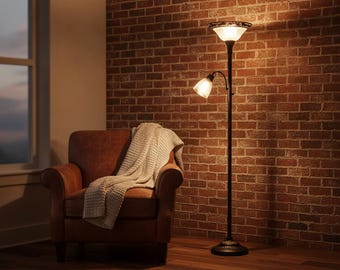Floor Lamp for Living Room, 70" Standing Torchiere Lamp with Frosted Etched Glass Shade, Vintage Tall Corner Lamp, Metal Pole & Heavy Base