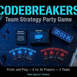 Könnte beinhalten: Werbebild für das Brettspiel "CODEBREAKERS". Das Bild zeigt Spielkomponenten wie Karten, einen Timer und eine Codekarte, alles in einem futuristischen, technologieinspirierten Design. Das Spiel ist für 6 bis 16 Spieler und ist ein Team-Strategiespiel.