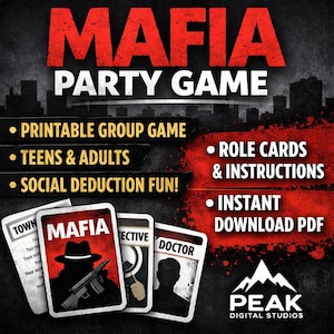 Op de afbeelding: Een promotieafbeelding voor het "MAFIA PARTY GAME". Het ontwerp toont de titel van het spel in grote rode letters, met ondersteunende tekst die belangrijke kenmerken benadrukt, zoals "Printbaar Groepsspel" en "Rolkaarten & Instructies". Meerdere speelkaarten worden weergegeven.