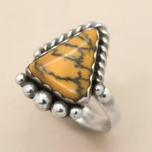 Mustard Yellow Spiderweb Dendritic Opalite Moss Opal Sterling Silver Southwestern Arrow Head Ring
