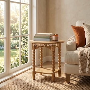 May include: A round wooden side table with four spindle-style legs and a lower shelf. The table features a light brown finish and is topped with a stack of three books and a glass candle. The text keptandsorted is visible on the table surface.