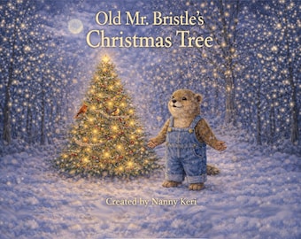 May include: An illustrated Christmas scene featuring a decorated tree and a cartoon otter in denim overalls. The text reads "Old Mr. Bristle's Christmas Tree" above and "Created by Nanny Keri" below. The scene is set in a snowy forest.