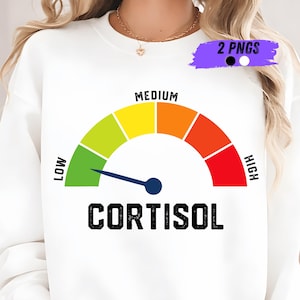 Könnte beinhalten: Weißes Sweatshirt mit einem Messgerätdesign und dem Wort "CORTISOL" in Schwarz. Die Anzeige zeigt Pegel von Grün (niedrig) bis Rot (hoch), mit "MEDIUM" in Gelb. Eine blaue Nadel zeigt den Cortisolspiegel an.