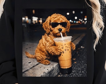 Funny Goldendoodle Drinking Iced Coffee Png, Retro Prehistoric Png, Gift For Goldendoodle Lover, Funny Animal Meme Png, Coffee Goldendoodle