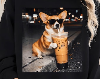 Funny Corgi Drinking Iced Coffee Png, Vintage Corgi Dog Shirt Png, Corgi Mom Gift, Corgi Dad Png, Dog Lover Png Funny Dog Coffee Design