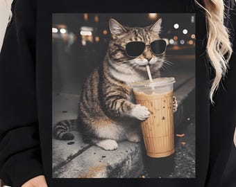 Funny Cat Drinking Iced Coffee Png, Cat Drinking Iced Coffee Png, Cute Kitten Coffee Meme PNG, Funny Animal Clipart Design