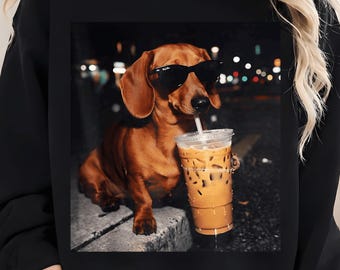 Funny Dachshund Drinking Iced Coffee Png, Retro Prehistoric Png, Gift For Dachshund Lover, Funny Dog Coffee Png, Dachshund Meme Design