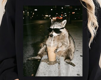 Raccoon Drinking Iced Coffee Png, Retro Prehistoric Png, Funny Raccoon Png, Gift For Animal Lover, Funny Animal Meme Png, Coffee Raccoon Png