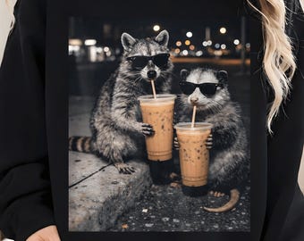 Funny Raccoon and Opossum Drinking Iced Coffee Png, Retro Prehistoric Png, Gift For Animal Lover, Funny Animal Meme Png, Coffee Raccoon Png!