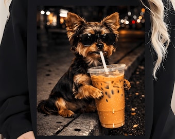 Funny Yorkie Drinking Iced Coffee Png, Cute Yorkshire Terrier, Dog Lover Shirt Design, Funny Yorkie Mom Gift, Coffee Meme Sublimation