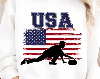 Curling USA Support Team American Flag Winter Sports Lovers PNG | Curling Gifts Png, USA Curling Fan, Winter Sports Sublimation Download Art
