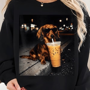 May include: Black sweatshirt featuring a dachshund wearing sunglasses, holding a large iced coffee with a straw. The dog is brown and tan, set against a blurred city night scene. The sweatshirt is a casual style.