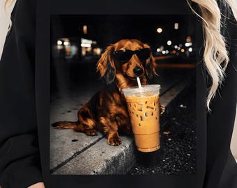 Funny Dachshund Drinking Iced Coffee Png, Retro Prehistoric Png, Gift For Dachshund Lover, Funny Dog Coffee Png, Dachshund Meme Design