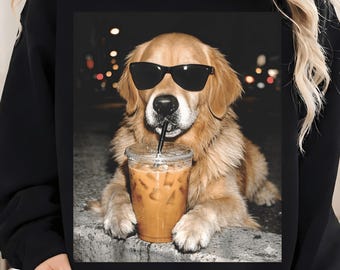 Funny Golden Retriever Drinking Iced Coffee Png, Funny Dog Meme Png, Cute Coffee Lover Dog Shirt Design, Pet Lover Gift Sublimation PNG