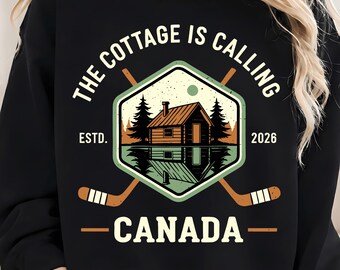 The Cottage is Calling Funny Hockey Romance Couple Valentine PNG | Vintage Cottage Hockey PNG, Canadian Wilderness Lake Life Shirt Design